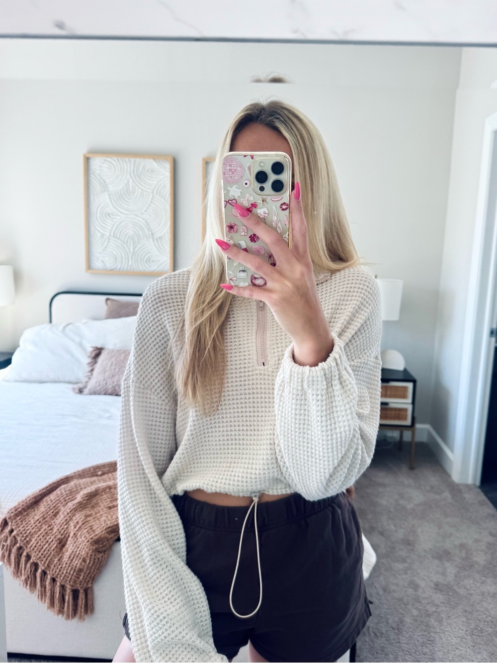 Shein Cream Waffle Quarter Zip | Lightweight Cropped Drawstring